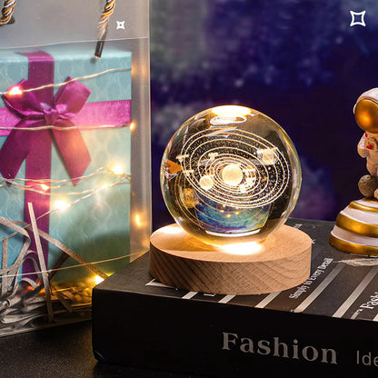 8Cm 3D Laser Carved Crystal Ball with LED Color Lamp Base Crystal Ball 3D Solar System Living Room Bedroom Home Decoration