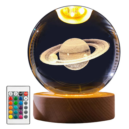 8Cm 3D Laser Carved Crystal Ball with LED Color Lamp Base Crystal Ball 3D Solar System Living Room Bedroom Home Decoration