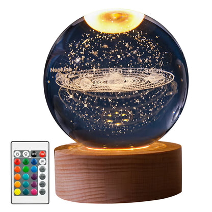 8Cm 3D Laser Carved Crystal Ball with LED Color Lamp Base Crystal Ball 3D Solar System Living Room Bedroom Home Decoration