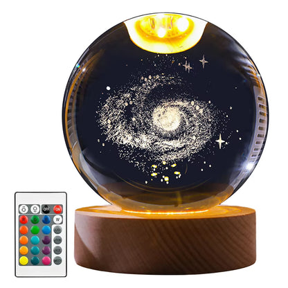 8Cm 3D Laser Carved Crystal Ball with LED Color Lamp Base Crystal Ball 3D Solar System Living Room Bedroom Home Decoration