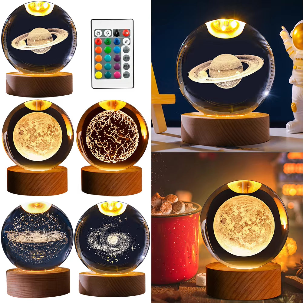 8Cm 3D Laser Carved Crystal Ball with LED Color Lamp Base Crystal Ball 3D Solar System Living Room Bedroom Home Decoration