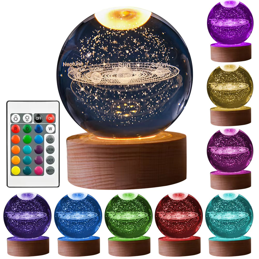 8Cm 3D Laser Carved Crystal Ball with LED Color Lamp Base Crystal Ball 3D Solar System Living Room Bedroom Home Decoration